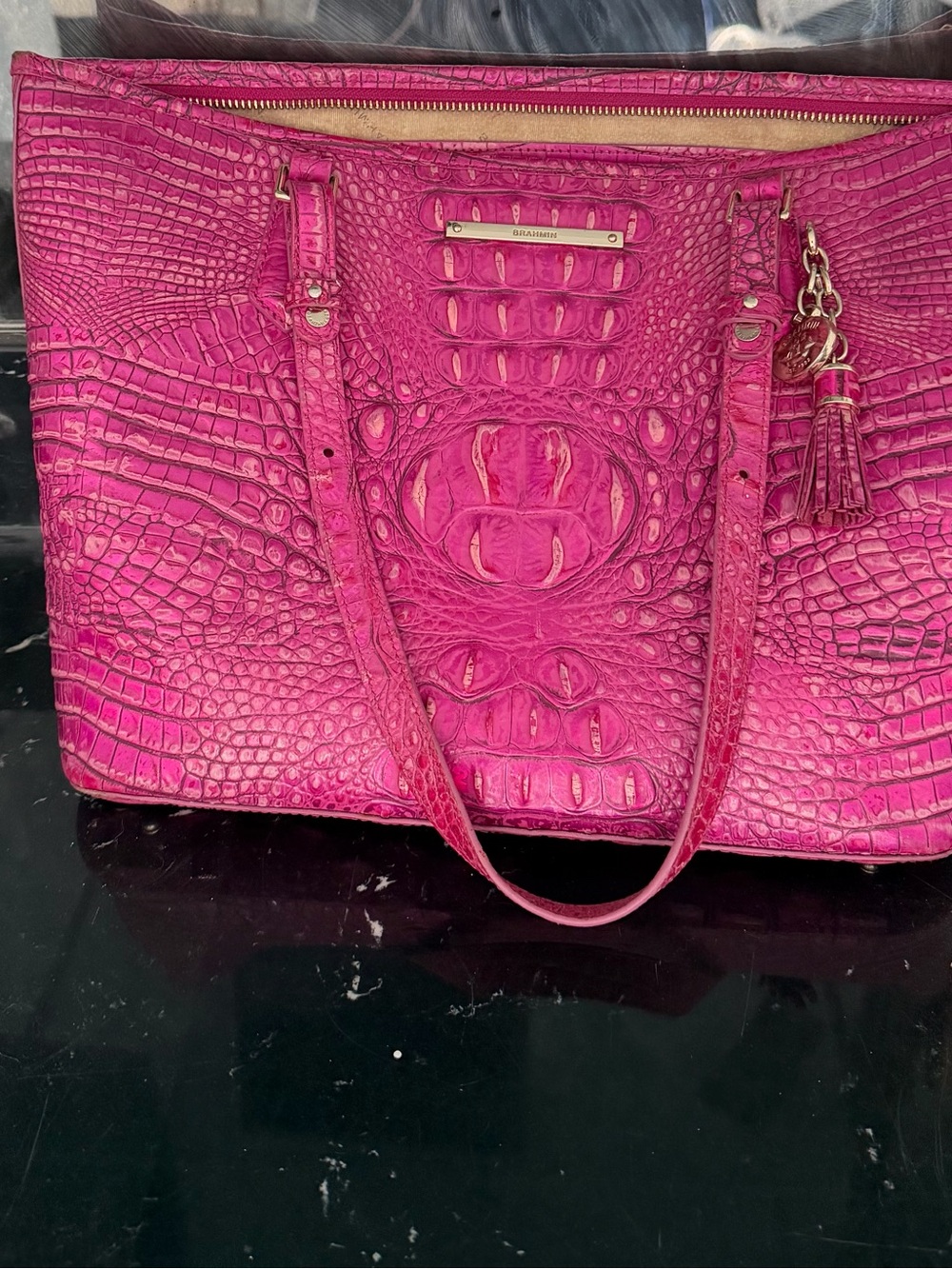 Brahmin Hot Pink Croc-Embossed Leather Tote with Tassel